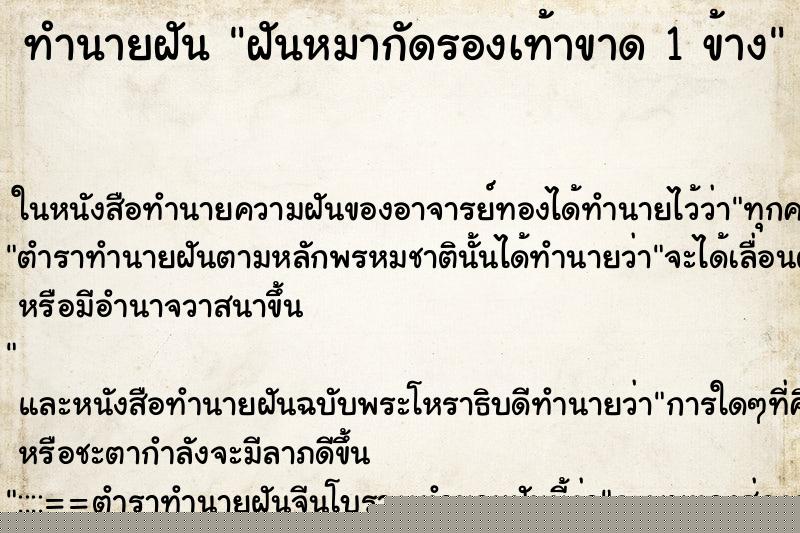 ทำนายฝัน ฝันหมากัดรองเท้าขาด 1 ข้าง ทำนายฝัน ฝันหมากัดรองเท้าขาด 1 ข้าง